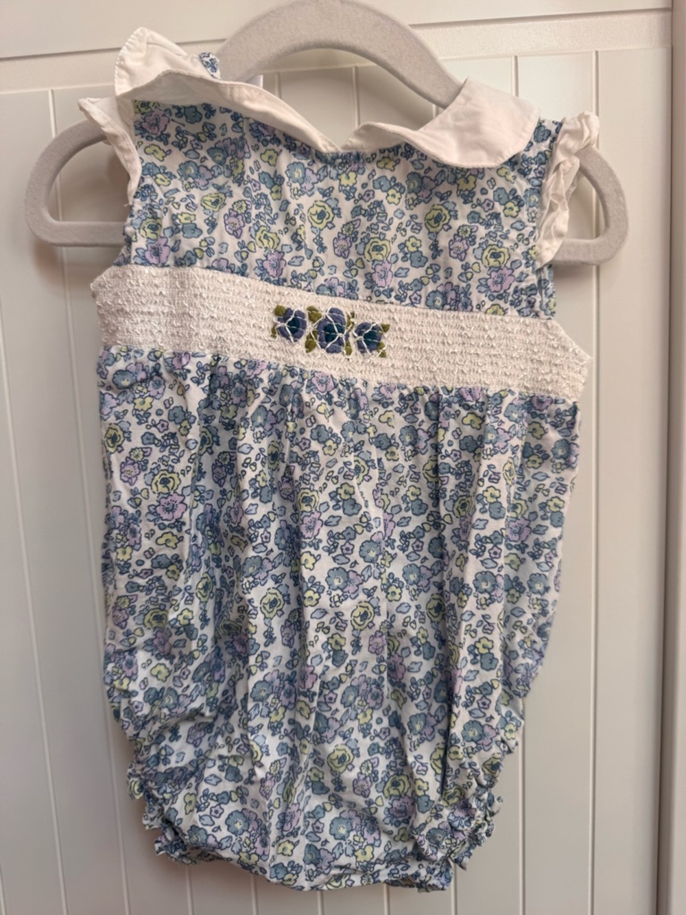 Floral Smocked Baby One-Piece Bodysuit in Blue and White